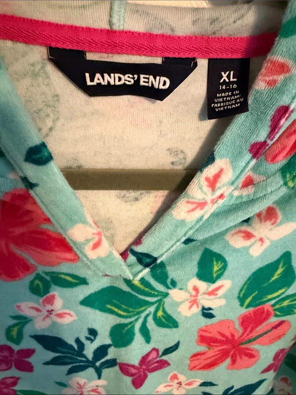 Lands' End Terry Teal Floral Hooded Girls' Swim Coverup